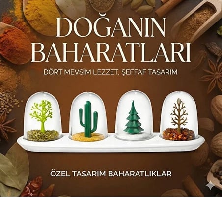 4 Mevsim Temalı Tasarım Baharatlık Seti - Dekoratif Ağaç ve Kaktüs Figürlü Standlı Tuzluk Biberlik