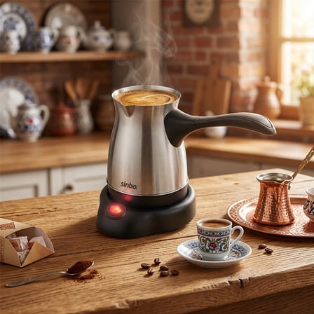 Çelik Elektrikli Cezve Türk Kahve Makinesi - 6FİNCAN=500ML 360° Kablosuz Kullanım Katlanır Kulp 600W SCM-9039