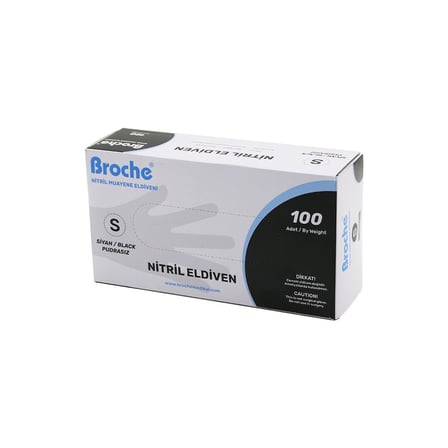 Broch S Beden Siyah Pudrasız Nitril Muayene Eldiveni 100LÜ