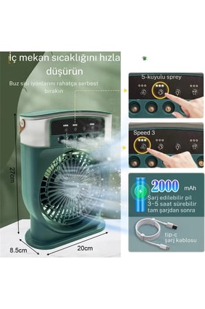 Şarjlı 600 Ml Su Hazneli Taşınabilir Masaüstü Vanilatör Güçlü Fan Ve 2000 Mah Pil Yeşil