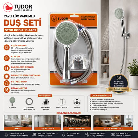 Vakumlu - Krom Lüks Duş Seti Metal Yaylı HORTUM=150CM Mafsal