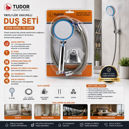 Vakumlu - Krom Lüks Duş Seti Metal Yaylı HORTUM=150CM Mafsal