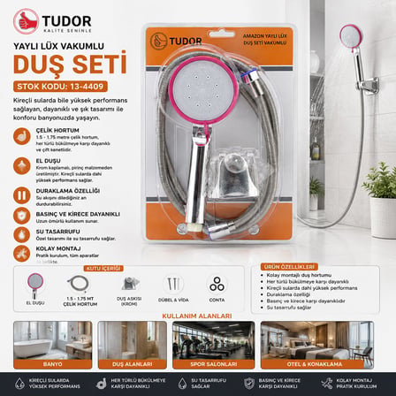 Vakumlu - Krom Lüks Duş Seti Metal Yaylı HORTUM=150CM Mafsal