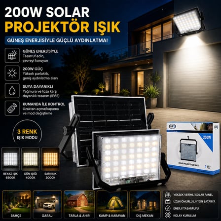 200W Güneş Enerjili Led Işık Solar Projektör - Fener Kamp - Dış Mekan 3 Farklı Led Işık 348961 Lmb