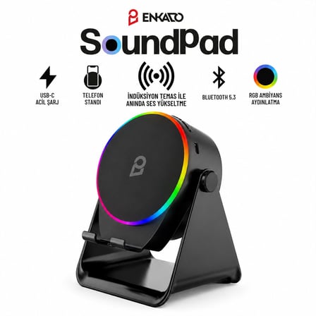 SOUNDPAD 5IN1 - 5W - 2000mAh TEMAS İLE SES YÜKSELTME - TELEFON STAND - USB-C ŞARJ SİYAH İNDİKSİYON SES YÜKSELTİCİ BLUETOOTH HOPARLÖR SPEAKER EKD-S10