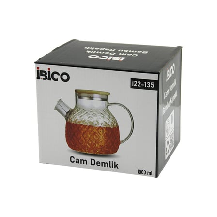 1000ML Abartma Desen Cam Demlik Bambu Dış Yüzey - Metal İç Yüzey - Silikon Contalı Kapak