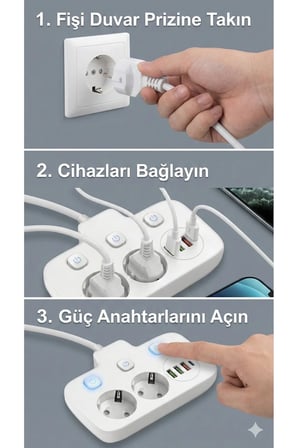 Akım Korumalı 2500W Güçlü 3 USB + Type-C Portlu Çoklu Priz | Hızlı Şarj, Çocuk Kilidi, 2 METRE