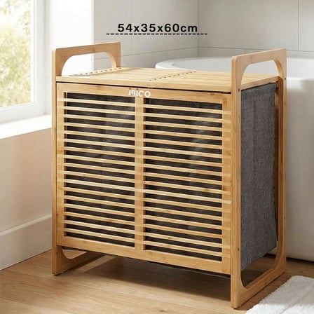 Kalın Ahşap Bambu 2 Bölmeli Kirli Çamaşır Sepeti Kumaş Çantalı SEPET=54X35X60CM
