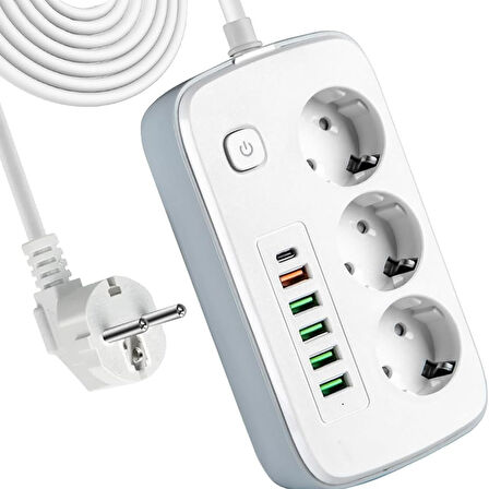 Akım Korumalı 3'lü Grup Priz, 1,5 Metre Kablo, 4 USB, Type-C 20W, 2500W, 16A, Termal Koruma, Çocuk K