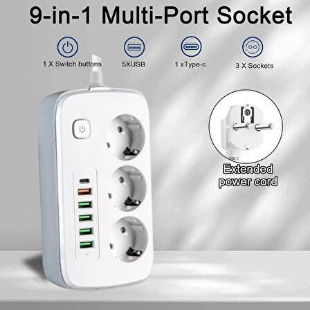 Akım Korumalı 3'lü Grup Priz, 1,5 Metre Kablo, 4 USB, Type-C 20W, 2500W, 16A, Termal Koruma, Çocuk K