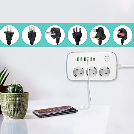 Akım Korumalı 3'lü Grup Priz, 1,5 Metre Kablo, 4 USB, Type-C 20W, 2500W, 16A, Termal Koruma, Çocuk K
