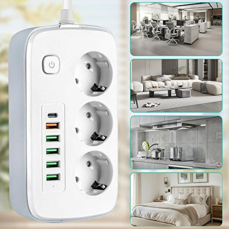 Akım Korumalı 3'lü Grup Priz, 1,5 Metre Kablo, 4 USB, Type-C 20W, 2500W, 16A, Termal Koruma, Çocuk K
