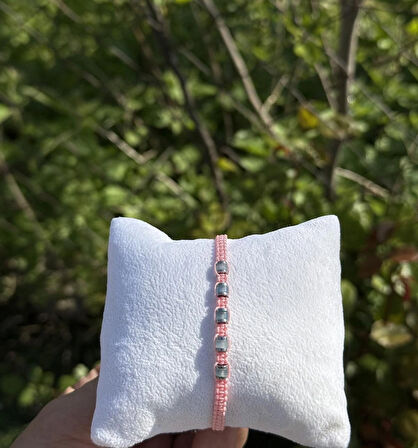 Akuamarin, Pembe Kuvars, Hematit 2’li Bileklik - Çift Bileklik - Tasarım Makrome Bileklik 4 mm Ayarlanabilir