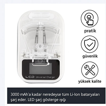  LED Ekranlı Evrensel Li-Ion Batarya Şarj Cihazı + USB Girişli