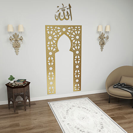 Aksa İslami Motifli Gold Metal Mihrab – Duvara Monte, Mescit Köşe