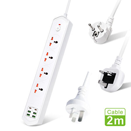 qasul Çoklu Priz 2 m Kablolu Akım Korumalı Anahtarlı 4 Priz 4 USB 2 Typ-c Girişli Grup Priz 3000W Siyah 4lüpriz