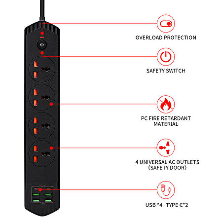 qasul Çoklu Priz 2 m Kablolu Akım Korumalı Anahtarlı 4 Priz 4 USB 2 Typ-c Girişli Grup Priz 3000W Siyah 4lüpriz