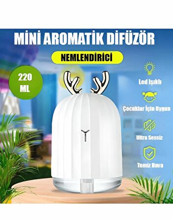 QASUL Mini Beyaz Geyikli Aromatik Difüzör Led Masa Ve Gece Lambası Hava Temizleyici Buhar Makinası