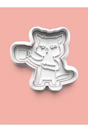 Çay İçen Sevimli Kedi Kurabiye Kalıbı Ve Şeker Hamuru Kalıbı 0429-1