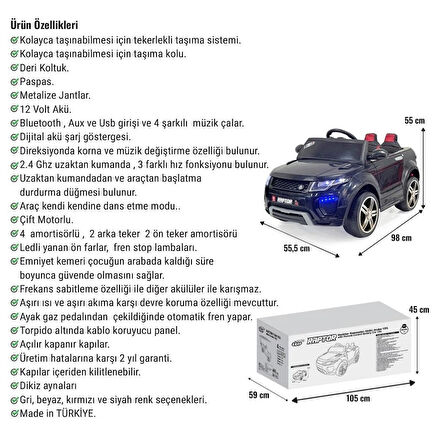 12 Volt Uzaktan Kumandalı Akülü Araba  RAPTOR GT Deri Koltuk