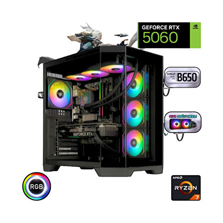 Ryzen 7 7800x3D 32GB Ddr5 1tb SSD Rtx 5060 B650 Anakart 240MM Sıvı Soğutma Oyuncu Bilgisayarı