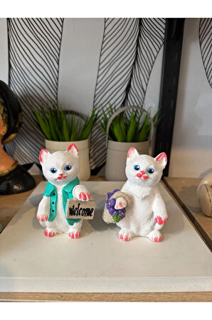 Dekoratif 2’li welcome sevimli kedi biblo polyester