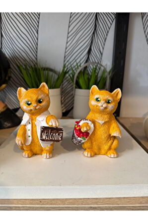 Dekoratif 2’li welcome sevimli kedi biblo polyester