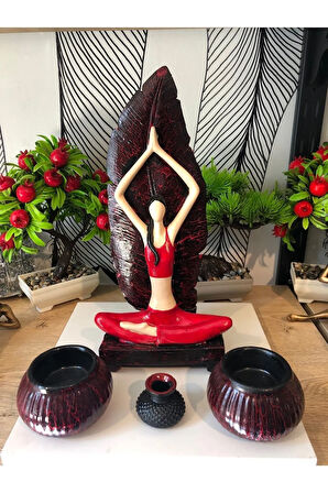 Dekoratif Yoga Yapan Kadın Mumluklu Tütsülük Biblo Seti Polyester