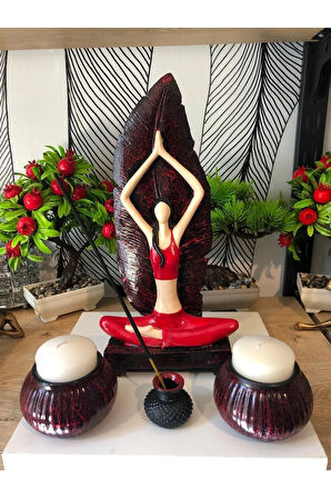 Dekoratif Yoga Yapan Kadın Mumluklu Tütsülük Biblo Seti Polyester