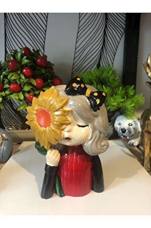 Dekoratif papatyalı kız biblo kalemlik polyester