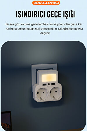MYBLACK WL09  2 USB + 2 Priz Çoklu Şarj Adaptörü  4000W Güç Akıllı Güvenli Şarj Ünitesi Ve Gece Işığı