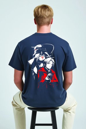 Lenithra Fullmetal Alchemist Brotherhood Elric Sırt Baskılı Unisex Oversize T-shirt Füme / M