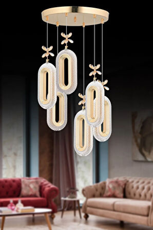 Litra Lighting Alfa Led 6'lı Gold 3 Renk Modu Ledli Kristal Taşlı Modern Led Avize
