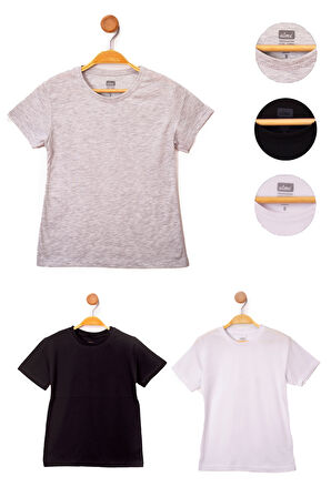 Siyah-Beyaz-Gri Kız Çocuk Basic 3'lü Paket Kısa Kollu T-Shirt 