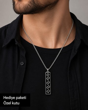Geometrik Desenli Dikdörtgen Erkek Kolye Gümüş Renk