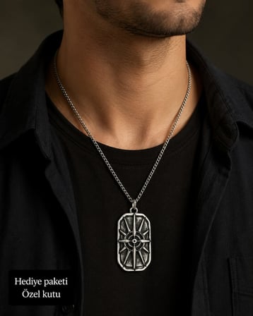 Pusula Motifli Vintage Gümüş Renk Erkek Kolye