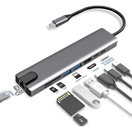 8 In 1 Ethernet Sd USB Type C Hub Hdmı Girişli Macbook Çevirici