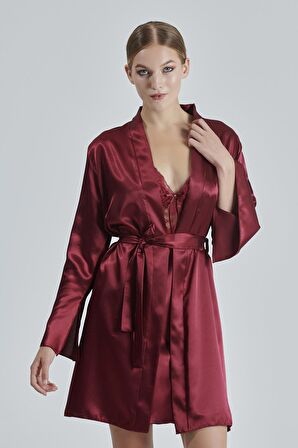 Kadın 6 Parça Saten Bordo Gecelik Gelin Çeyiz Seti, Gecelik Sabahlık Pijama Takım Short Takım