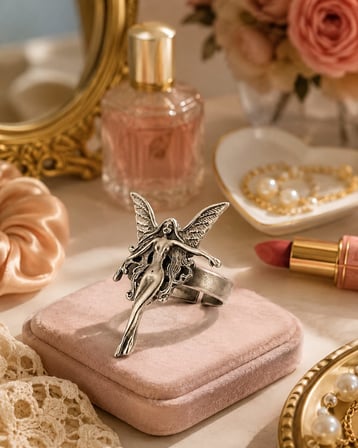 Kanatlı Peri Figürlü Kadın Yüzüğü – Gümüş Renk Vintage Detaylı Fantastik Tasarım Ayarlanabilir Bohem Takı ve Özel Hediye Yüzüğü