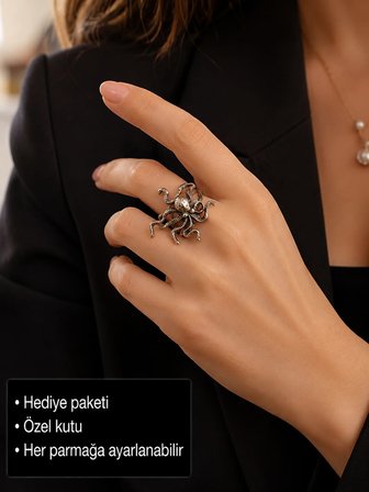 Antik Gümüş Renkli Üç Boyutlu Ahtapot Tasarımlı Ayarlanabilir Kadın Yüzüğü – Gotik Deniz Temalı Vintage Statement Takı