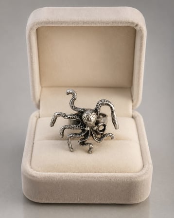 Antik Gümüş Renkli Üç Boyutlu Ahtapot Tasarımlı Ayarlanabilir Kadın Yüzüğü – Gotik Deniz Temalı Vintage Statement Takı