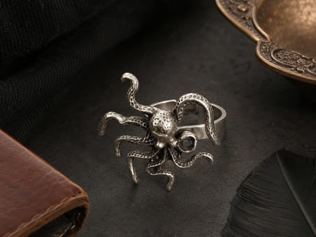 Antik Gümüş Renkli Üç Boyutlu Ahtapot Tasarımlı Ayarlanabilir Kadın Yüzüğü – Gotik Deniz Temalı Vintage Statement Takı