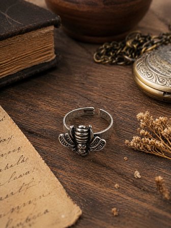 Vintage Arı Motifli Ayarlanabilir Kadın Yüzüğü – Eskitme Gümüş Renkli, Özel Kutulu ve Hediye Paketli Otantik Tasarım Takı