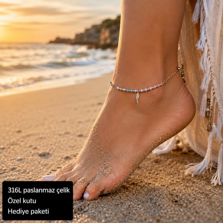 Angel Wing Beaded Stainless Steel Anklet Melek Kanadı Boncuklu Çelik Halhal