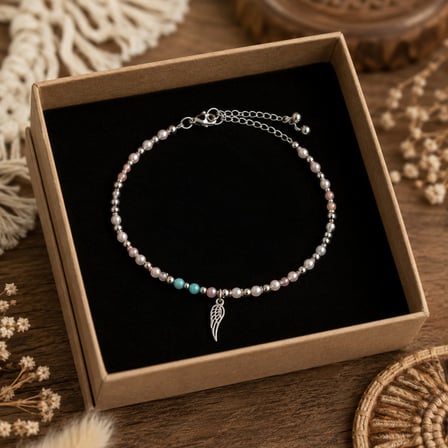 Angel Wing Beaded Stainless Steel Anklet Melek Kanadı Boncuklu Çelik Halhal