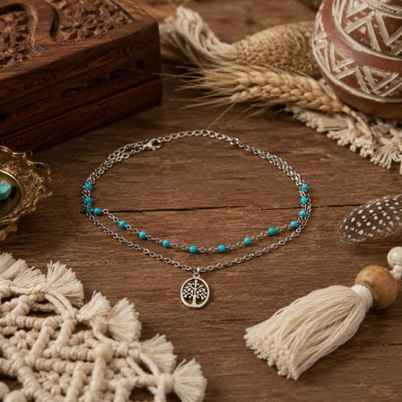 Turquoise Tree of Life Stainless Steel Anklet Yaşam Ağacı Turkuaz Boncuklu Çelik Halhal