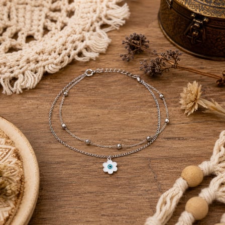 Daisy Evil Eye Stainless Steel Anklet Papatya Nazar Boncuklu Çelik Halhal