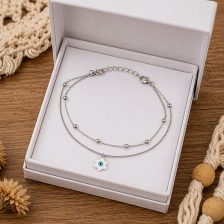 Daisy Evil Eye Stainless Steel Anklet Papatya Nazar Boncuklu Çelik Halhal