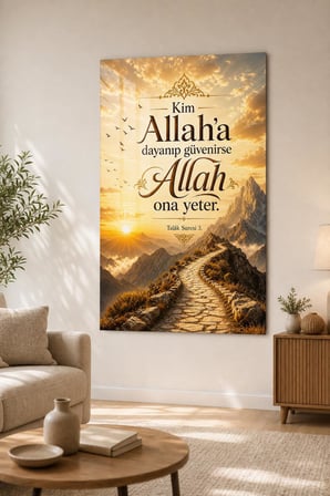 Allah'a Güven Ayetli Baskılı Cam Tablo – UV Baskı Dini Dekoratif Duvar Tablosu