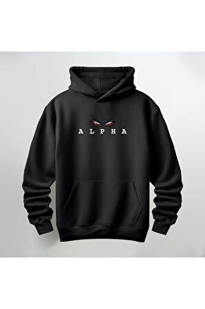Alpha Baskılı Kapüşonlu Sweatshirt Hoodie Kalın Kumaş 3 İplik Şardonlu
